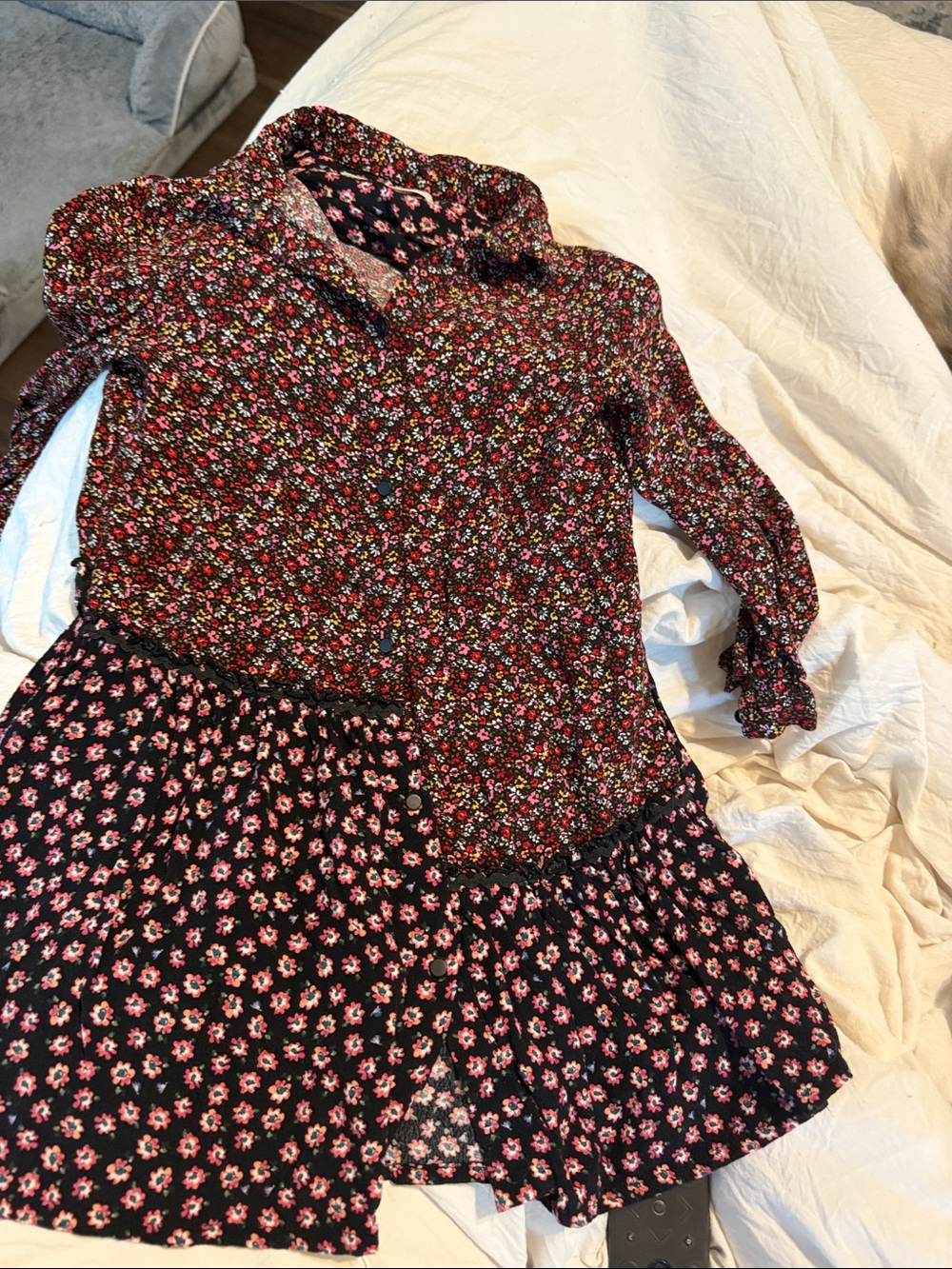 Zara Black Mixed Floral Tiered Long-Sleeve Dress with Pink Accents